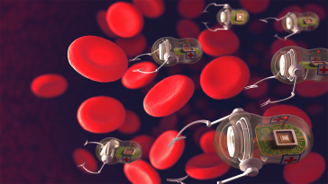 Microbots deployed in a bloodstream surrounded by red blood cells.