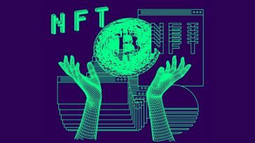 digital hologram art of hands holding up a bitcoin symbol with "NFT" in background 