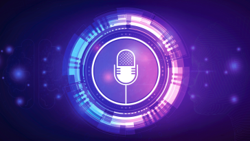 A mic icon surrounded by AI podcast icons such as a brain and face made of software.