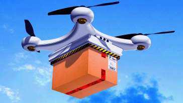 A drone carrying a package during a delivery.