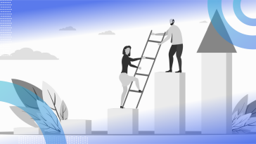A cartoon of a figure standing on a pedestal holding a ladder for another figure on a lower pedestal. There are a series of pedestals designed to look like a bar chart with increasing values right to left. /career-development/4-reasons-keep-learning-development-upskilling-budget