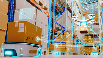 Autonomous mobile robotics working in a warehouse.