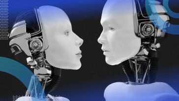 male and female robots looking at each other