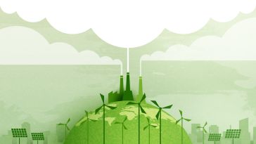 A green eco-friendly cityscape background with greentech solutions below and pollution above.