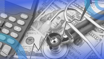 A stethoscope sits atop a pile of money with a calculator and a rising trend line