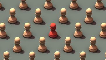 digital art of chess pieces focused on one red piece