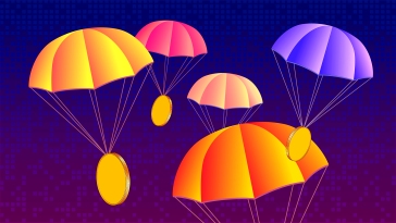 Cryptocurrency tethered to parachutes during an airdrop.