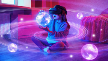A child interacting with a virtual world while existing in a physical one.