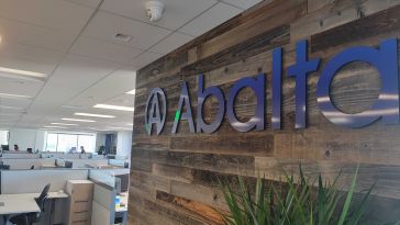 The entrance to Abalta Technologies with a large format sign of their logo.