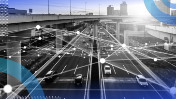 Computer Vision picture of road with cars and artificial intelligence mapping