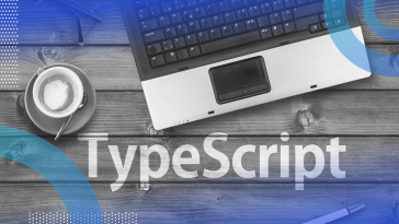 Typescript image of an open laptop on a wooden table. A latte on a saucer sits next to the laptop. Below the laptop is the word TypeScript in white letters