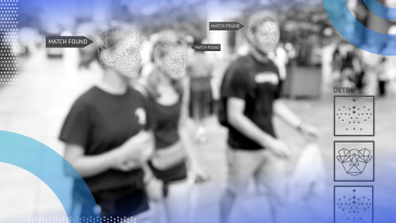 Machine learning algorithms image of three people blurred out by a machine learning interface that is learning about what is in the image. Various labels appear laid over the people in the image.
