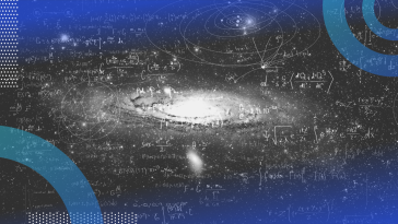 Superposition image of a cosmic event with an overlay of mathematical formulae