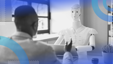 Turing Test image of a man from behind having a conversation with a white humanoid robot.