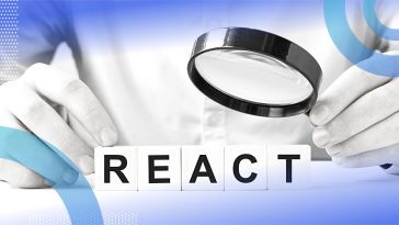 A person holding a magnifying glass over the word "react".
