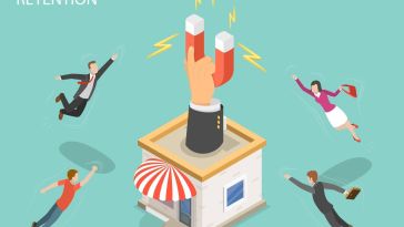 an illustration of a hand holding a magnet that's pulling customers closer to it
