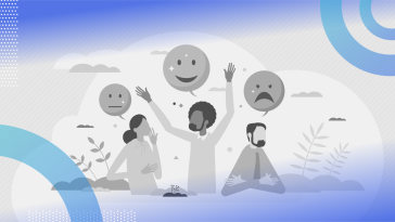 Sentiment analysis illustration of three people who each have an emoji-like speech bubble over their head. From left to right they're neutral, happy, and sad.