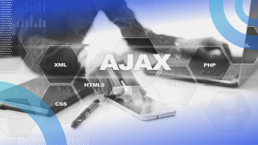 AJAX image of a person working on a laptop and using a smart phone. There is a text overlay that says AJAX along with the different key components including CSS, HTML, and XM
