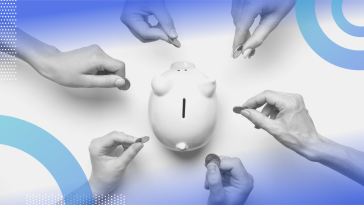 Crowdfunding image of a piggy bank shot from the top with the slit visible. There is a circle of six hands each holding a coin and preparing to put it into the piggy bank.