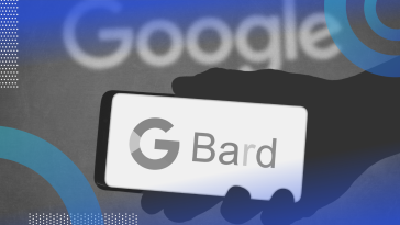 Google Bard image of a silhouetted hand holding a smart phone in landscape mode. On the phone we can see the Google icon and the word Bard.