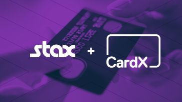 image of stax and cardx logos with a purple shade and picture of a credit card in use