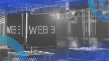 Web3 image of a cube off-center with digital text that reads Web3
