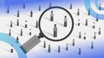Cluster analysis illustration of a large group of people from far away and above. A giant magnifying glass hovers over three of the people and enlarges them.