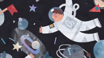 A watercolor illustration of a space scene with two astronauts depicted among celestial bodies