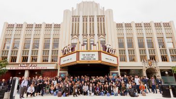 Large group photo of Liftoff team in front of the Fox Theater