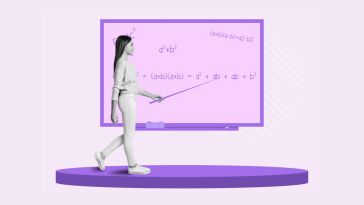 A teacher points at a math equation on a chalkboard.