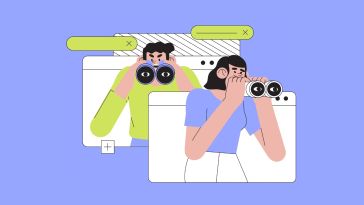 A cartoon drawing of two people looking through binoculars against a purple background with internet browsers.