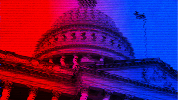 A warped image of the U.S. Capitol, colored red and blue