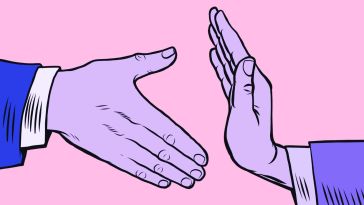 Two illustrated hands are pictured against a pink backdrop. One of the hands is extended for a handshake, but the handshake is blocked by the other hand — similar to the way an employer can block a new hire by rescinding a job offer.