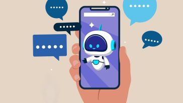 A cartoon image of a hand holding a smartphone with a humanoid robot on the screen and text bubbles floating around, as if the robot is talking.