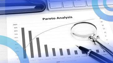 A Pareto chart labeled "Pareto analysis" with a magnifying glass and fountain pen on top