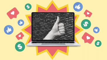 A thumbs up inside against computer, with various thumbs up, heart and dollar sign emojis emanating from it