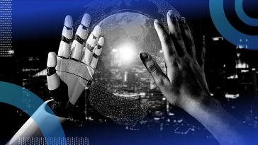 A human and a robot hand reach toward a 3D globe