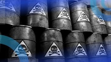 Barrels of toxic waste marked with skull-and-crossbones