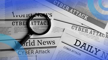 Newspapers with headlines about cyber attacks and a magnifying glass.