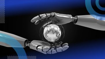 AI robot hands holding the world