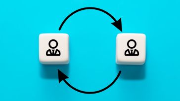 Employees are pictured on two dice with arrows between them, indicating the transitory nature of a job rotation program.