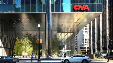 Street view of CNA office building in downtown Chicago