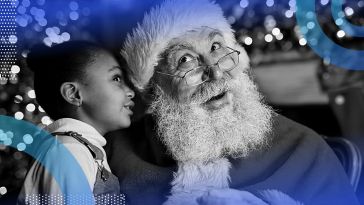 A little girl whispering in Santa’s ear.