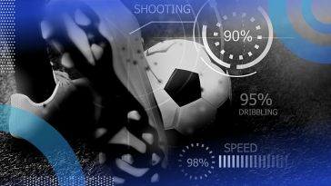 A close up on a soccer player dribbling a ball with a statistical overlay