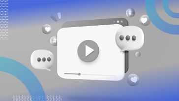 A 3D image of a video player with comment, heart and hashtag bubbles around it.