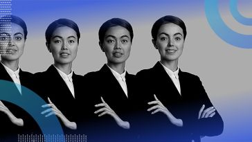Four similar, photo-realistic AI-generated images of women in business attire