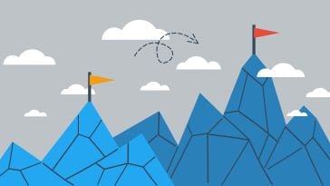 Graphic illustration of mountains with flags on top of two peaks.