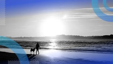 A woman walking her dog on a beach.