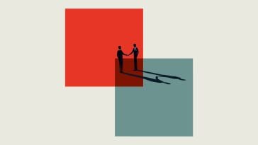 A minimalist illustration of two business professionals shaking hands inside of red and blue overlapping boxes. 