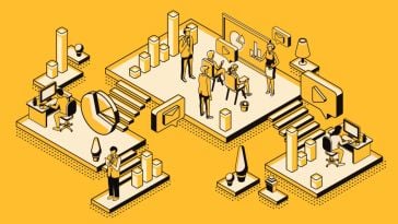 An illustration depicts an office environment with employees engaged in various activities, from analyzing data to discussing strategies.